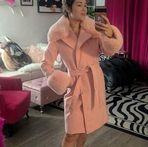 Pink Faux Fur Trim Long Pea Coat jacket S Med trench Hollywood